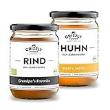 Grizzly Foods • BIO Brühe Rind + Huhn Probierpaket (6 x 500ml) • 100% natürlich • Ohne Zucker & Geschmacksverstärker • Lange gekocht • Wertvolle Nährwerte • Fleischbrühe, Fond, Bouillon