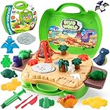 VBACALA Dinosaurier Knete Set,32-teiliges Kinderknete Set mit Handkoffer,5 Dinosaurier Formen,Vulkan,10 Bunte Knetmasse&Knetwerkzeug,Dino Spielzeug Geschenk für Kinder Knete ab 3 Jahre,Jungen&Mädchen