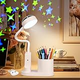 Zaxiva Schreibtischlampe Kinder, LED Dimmbar Tischlampe 3 Modus Deraufladbare Nachttischlampe, 360° Verstellbar Schwanenhals Leselampe mit Stern Projektion & Bleistifthalter für Schlafsaal Büro