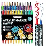 Acrylstifte für Steine Wasserfest 36Acrylfarben Stifte Bemalen Dual Tip Acrylic Paints Permanent Multimarker Steine Zum Acrylmarker für Holz, Leinwand, Glas, Papier, Keramik