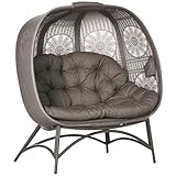 Outsunny 2-Sitzer Gartenstuhl, Korb-Stuhl mit Faltbarem Korb, Papasansessel mit Kissen, Loungesessel bis 240kg belastbar für Balkon, Terrasse, 126 x 75 x 142 cm, Sand