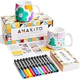 ahakito Keramik Tassen Bemalen Set WeißE Porzellan Tasse Zum Bemalen Set Malset Porzellanstifte SpüLmaschinenfest, Kreativ Geschenk für Ihn Sie,Tasse Selbst Gestalten Basteln Erwachsene