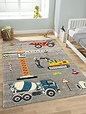 the carpet Monde Kids Kinderteppich, Spielteppich, Weicher Flor, Pflegeleicht, Farbecht, Lebendige Farben, Baustelle, Bagger, Kran, Grau, 80 x 150 cm