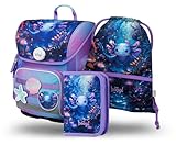 Baagl Schulranzen Jungen Mädchen Set 3 Teilig, Ergo Schultasche für 1. Klasse, Ergonomische Grundschule Ranzen Tornister mit Brustgurt (Axolotl)
