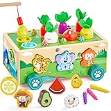 Montessori Spielzeug ab 1 2 3 Jahre,7-in-1 Farmspiel Motorikspielzeug aus Holz,Magnetisches Angelspiel,Karotten Steckspiel Holz,Sortier- & Stapelspielzeug Lernspielzeug Geschenk für Mädchen Jungen