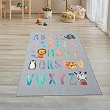 Teppich-Traum Spiel-Kinderteppich Buchstaben Alphabet in bunten Farben auf Hintergrund in grau, 80x150 cm