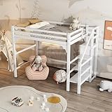 EINHOM Kinderbett Hochbett 140x200, Etagenbett Holzbett mit Stufentreppe & Kleiderschrank Stauraum, Hausbett Bettgestell Kinderbett mit Rausfallschutz und Lattenrost, Jugendbett, Ohne Matratze, Weiß