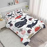 Syhi Qlty Landhaus Bettdecke 135x200 4 Jahreszeiten Blau wal Ganzjahresdecke Waschbar Ästhetik Druck Bettdecke Ohne Bezug - Leichte Wende-Steppdecke Schlafdecke + 2 Kissenbezüge 80x80cmM205