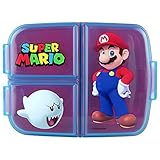Super Mario Brotdose Kinder - Lunchbox mit 3 Fächern und Clip-Verschlüssen, Bento Snackbox aus Kunststoff bpa-frei - Vesperdose für Kindergarten & Schule, robust und leicht zu reinigen