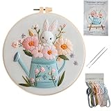 Embroidery Kit, Stickset für anfänger, Kreuzstich set Vorgedruckt, Mit 1 Hasenmuster, Sticknadel, Stickrahmen Ring und Stickgarn, Kreuzstich Set, Cross Stitch Kit, für DIY Kunst Nähen (Weiß 1)