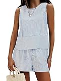 Paaruter Damen Sommer 2-teiliges Outfit Ärmelloses Tanktop Passende Shorts Sets Gestreifter Trainingsanzug Aus Baumwolle Blaue Streifen S