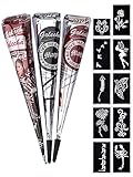 eLander 3x Henna Tattoo Temporäre Tattoo Natürliche + 10x Henna Tattoo Schablone,Temporäre Mehndi Tattoos, Natürliche Kegel, Tattoo sticker, Temporäre Tätowierung (Schwarz, Braun, Rotbraun)
