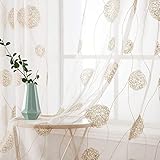 MIULEE Vorhänge mit Florales Stickerei, Gardinen Weiß mit Golden Muste für Wohnzimmer, Schlafzimmer Vorhang Transparent mit Ösen, 2er Set Voile Blumen Durchsichtig Vorhänge, Jeder H 145 X B 140cm