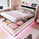 Bett mit Bettkasten, 90 x 200 cm, mit LED-Beleuchtung und USB, Einzelbett mit hydraulischem Stauraum und Kopfteil, Einzelbett 90 x 200 cm, gepolsterte Betten mit Lattenrost (ohne Matratze)