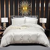 Luofanfei Satin Bettwäsche 135x200 Weiß Beige Glänzend Glatt Seiden Sommer Bettwäsche Set Glanzsatin Gestreift Creme Uni Luxus Microfaser Bettbezug Einzelbett mit Reissverschluss