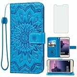 Asuwish Handyhülle für Huawei P10 Lite Hülle mit Glas Folie Schutzfolie und Kartenfach Klappbar Leder Geldbörse Ständer Hawaii P 10 P10Lite Handy Hüllen Mandala Schutzhülle Handyhüllen Phone Case Blau