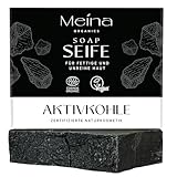 Meina Schwarze Seife mit Aktivkohle gegen Pickel und Akne, 100% Natürlich, Naturseife für fettige und unreine Haut ohne Palmöl, Bio Zertifiziert, Vegan, Nachhaltig, Handgemacht, 100g