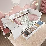 FORNORM Flachbett Holzbett 90x200cm, Einzelbett mit Schreibtisch, 2 Schubladen und 3 Regale, Kinderbetten aus Holz Bettgestell (Ohne Matratze) (Weiß)