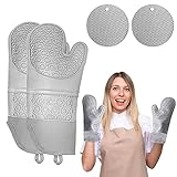 Phantasy® Ofenhandschuh und Topflappen Set, 260℃ Hitzebeständige Topfhandschuhe, Anti-Rutsch Silikon und Baumwolle Topfhandschuhe 1 Paar für Küche, Backofen, Mikrowelle, Hellgrau
