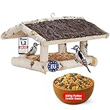 TORFIX® Vogelfutterhaus aus Birkenholz Vogelhaus Futterstation vögelhäuschen zum Aufhängen wetterbeständiges Dach & Metallhaken, 39×35×25 cm, inkl. 500 g Vogelfutter sofort einsatzbereit