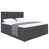 MEBLINI Boxspringbett mit Bettkasten - Gepolstert Doppelbett mit Matratze und Topper - Polsterbett mit Stauraum - Bett mit Kopfteil - Stauraumbett - NILS - 180x200 - H3/Dunkelgrau Webstoff