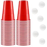 Bierpong Becher Set, Beer Pong Becher Enthält 6 Tischtennisbälle und 50 Becher, 500ML Beerpongbecher, Wiederverwendbare Partybecher für Weihnachten Party Geburtstag Festivals Hochzeit Camping(Rot）