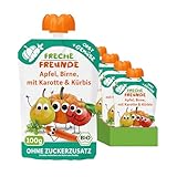 FRECHE FREUNDE Bio Quetschie Apfel, Birne, Karotte & Kürbis, Fruchtmus mit Gemüse im Quetschbeutel für Babys ab dem 6. Monat, vegan, 6er Pack (6 x 100g)