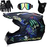 Sarari Professionelle Racing Motocross Helm, 4 Pack Helmbrille Handschuhe Set Sicherheit Dirt Bike Off Road Motorradhelm für Erwachsene Kinder Mountain Road Cycling