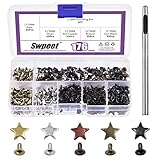 Swpeet 176 Stück 5 Farben 0,47 x 0,23 Zoll – 12 x 6 mm Sternnieten mit 2,5 mm Lochstanzer-Werkzeug-Sortimentskit, Leder-Sternnieten, Kleidungsnieten, Ledernieten, Nieten und Spikes für Lederhandwerk