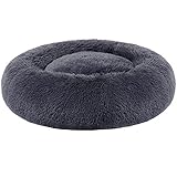 Feandrea Hundebett flauschig, Katzenbett, Donut Kissen, waschbar, Polsterung in der Mitte herausnehmbar, Langer Plüsch, 50 cm Durchmesser, dunkelgrau PGW037G02