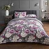 Sleepdown Bettwäsche-Set, 200 cm x 200 cm + 2 Kissenbezüge 80 cm x 80 cm, Blumenmuster Grau, Polycotton, 200 x 200cm + 2 x 80 x 80cm