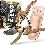 GRÜNTEK Premium Gartenscheren Set Bypass 210 mm mit Echtleder-Holster, Black Forest Edition, Geschenkidee, Antihaft-beschichtete Präzisionsklinge, Titan-beschichtet, Ergo-Griff in Natur Holz-Design