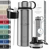 Trinkflasche Edelstahl ACTIVE FLASK + Strohhalm (3 Deckel) BPA-frei, Auslaufsicher, Kohlensäure geeignet - Wasserflasche Fahrrad Thermosflasche Isoliert Isolierflasche Sport Wasser Flasche Kinder Tee