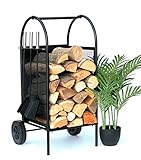 DanDiBo Kaminholzregal Innen Metall Schwarz Kaminholzständer 80 cm mit Kaminbesteck und Rädern 96358 Kaminholzwagen Holzkorb Kaminholzhalter Holzregal