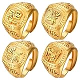 JewelryWe Ringe Herren Vergoldet Siegelringe: 4 Stück Gold Herren-Ring Reich/Glück/Reichtum/Erfolg Offener Goldring Bandring Band mit Gravur verstellbare Größe Geschenk für Männer Vater Freunde