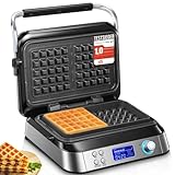 FOHERE Waffeleisen 1600 W, Doppelwaffeleisen für Belgische Waffeln, 5 Programme, 7 Bräunungsstufen, LCD Display, Countdown Timer, Überlaufrille, Extra Tiefe Heizplatten