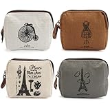 4 Stück Geldbeutel Mini aus Leinwand, Kleines Portemonnaie für Damen, Kinder, Täschchen mit Reißverschluss und Muster, Münzgeldbeutel Vintage, Münzbörse Mini, für Münzen, Karten, Schlüssel, 10.5x9cm
