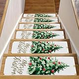 Stufenmatten für Holzstufen, 20,3 x 76,2 cm, rutschfester Teppich, Treppenläufer für den Innenbereich, für Kinder, ältere Menschen und Haustiere, Aquarellfarben, Weihnachtsbaum, Retro-Stil, 15 Stück