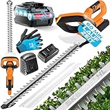 MASKO® Akku Heckenschere Profi Hecken & Strauchschere 57cm Schnittlänge Inkl. Handschuhe, Schutzhülle & 21V Akku 2,0 Ah mit Ladegerät, 27mm Zahnabstand Dual Schnittklingen Verstellbarer Griff Orange
