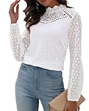 Hount Damen Spitzenkragen Longbluse Knopfleiste Laternenärmeln Oberteile Shirt Herbst Tops (XL, Weiß)