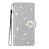 EuoDuo kompatibel mit Samsung Galaxy S8 Glitzer Klapphülle PU Leder Handyhülle Luxus Glänzend Blume Hülle zum Klappen Kartenfächer Handytasche Damen Mädchen - Silber