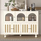 BTM Buffetschrank Weiss, Sideboard 120cm breit, Küchenbuffet mit Glastüren, Einzigartige Holzmaserung, Vorratsschrank für Küche Esszimmer Wohnzimmer, Weiß, 120x40x90 cm