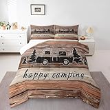 jejeloiu Braunes Camper-Bettwäsche-Set, Queen-Size-Größe, Happy Camping, Bettdecken-Set für Kinder, Wohnmobil, Camping, Auto, Camper, Zubehör für Reisen, Vintage-Bettdecke, Steppdecke, für Damen