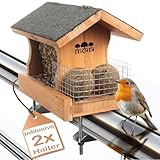 Vogelfutterhaus mit 2X Balkonhalterung und wetterfestem Holz inkl. Wasserablauf und Meisenknödelhalter | Vogelhaus Balkon | Vogelfutterspender Balkon aufhängen Vogelhaus Balkongeländer | Drei Eichen