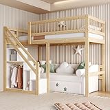 Etagenbett 90x200, Kinderbett Hochbett mit Treppe & Aufbewahrungsschrank, Massivholz Funktionsbett Einzelbett Stockbett Spielbett Kinderhochbett Jugendhochbett mit Lattenrost, Ohne Matratze,Holzfarbe