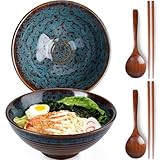 NUTRIUPS 2 x 1200ml Ramenschüssel aus Keramik mit Essstäbchen und Löffeln, 20cm Bowl Schüssel Suppenschüssel Groß，Pfauenschwanz