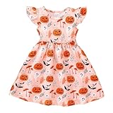 MNSWR Sommer Mädchen Kleinkind Mädchen Fliegenärmel Halloween Weihnachten Kürbis Drucke Prinzessin Kleid Tanz Party Kleider Kleidung Mädchen Sommer (Orange, 6-7 Years)