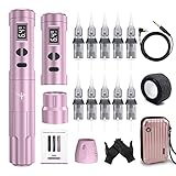 TATELF Permanent Makeup Maschine Kabelloses Stift Set mit 2 Stk. Batterien 10 Stk. Patronen Nadeln 10W Motor OLED Display-Ausrüstung für Anfänger Rosa