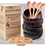 cocovibes Kokosnuss Schalen Classic Set, Smoothie Bowl 4er-Set mit Holzlöffeln und Anti-Kipp-Ring, Handgemacht, Natürlich und Umweltfreundlich, Plastikfrei