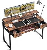 ODK Schreibtisch mit 2 Schubladen, Computertisch mit Tastaturablage, Bürotisch PC-Tisch mit Monitorablage Höhenverstellbaren 120x48x87cm Gaming Tisch für Home Office, Braun